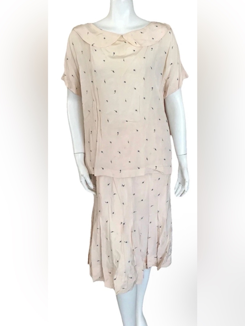 VINTAGE Jeffrey Banks Floral Dress Two Piece Skirt Cream Peter Pan Collar Medium
